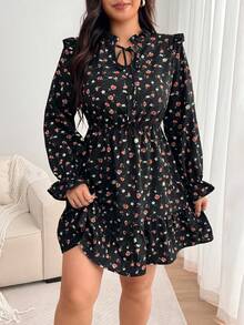 Enliva Plus Size Women's Apple Shape Black Floral Mini Dress, Long Sleeve Ruffle Trim Belted Dress Dinner Office Club Autumn Cute Boho Bohemian Fall - Black - View 3