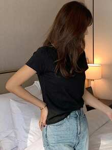DAZY Women's Round Neck Solid Color Basic White Short Sleeve T-Shirt, Spring/Summer - Black - View 6