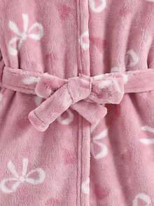SHEIN Kids Young Girl Young Girl Young Girl Young Girl Heart- Bow Pattern Thermal Lined Thick Plush Hooded Long Sleeve Tie Bathrobe Autumn Winter Pajamas - Pink - View 5