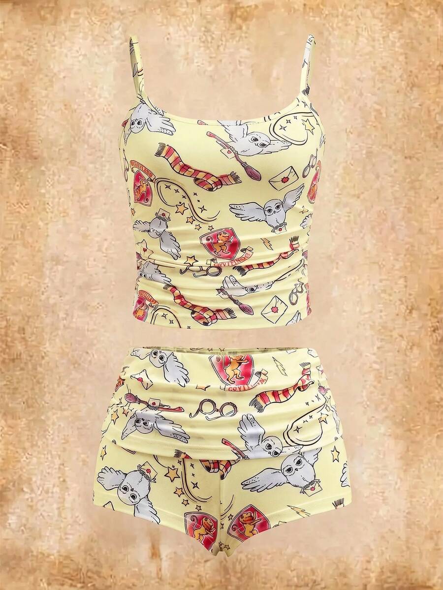 HARRY POTTER X SHEIN Women's Cartoon Print Camisole & Shorts Pajama Set - Yellow - View 1