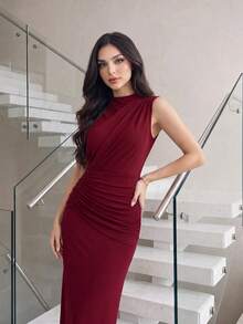 Modelyn Half-High Neck Sleeveless Pleated Versatile Elegant Elegant Vacation Party Dinner Dress Burgundy Summer - Burgundy - View 1