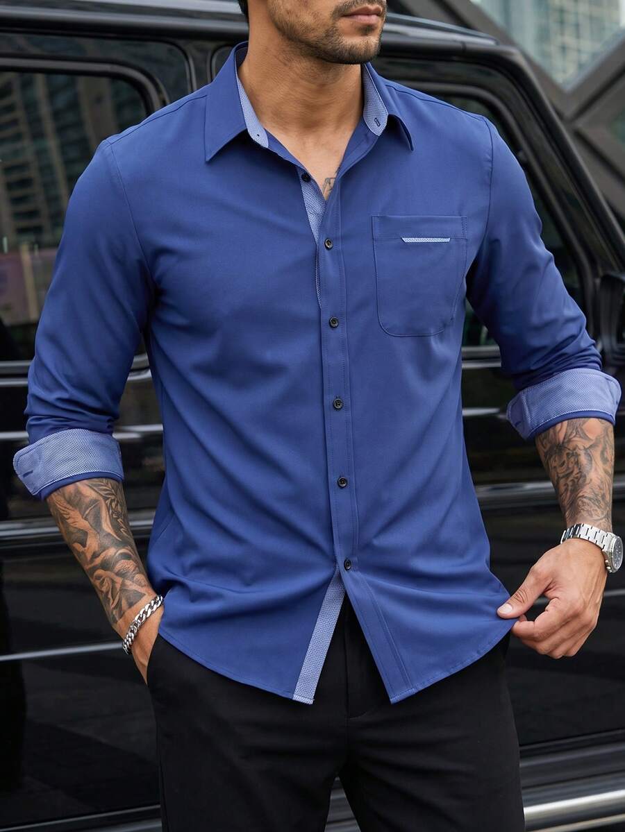 Manfinity Mode Manfinity CasualCool Men's Casual Long-Sleeve Shirt, Suitable For Formal Occasions And Celebrations. - Navy Blue - View 1