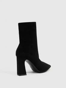 CUCCOO SZL Women's Black Faux Suede Pointed Toe Block Heel Ankle Boots With Zipper Fall Boots - Black - View 3