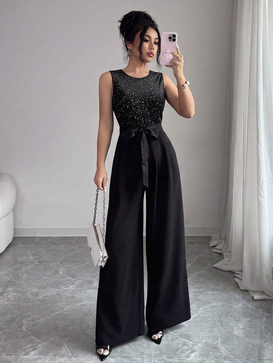 SHEIN Raffinéa French Elegant Festive Jumpsuit, Sheer Sequin Patchwork, Back Zipper; Self-Fabric Waistband, Puff Sleeve With Ruched Design, Wide Leg Pants - Black - View 1