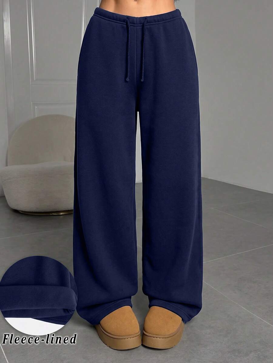 SHEIN Tween Girl Tween Girls Autumn And Winter Plus Velvet Thickened Simple Drawstring Loose Sports Straight Pants - Navy Blue - View 1