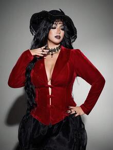 Whyspr Spring/Autumn/Winter Red Button Velvet Fabric High-End Romantic Sexy Elegant Exquisite Fashion Design Niche Design Deep V-Neck New Must-Have Daily Wear Plus Size Women's Jacket Halloween Gothic Style - Red - View 1