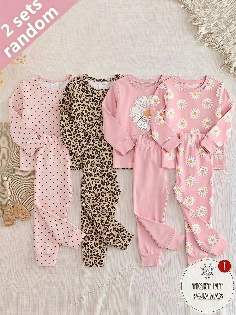 SHEIN 4件組女嬰長袖上衣與緊身內搭褲居家休閒套裝 - 彩色 - 查看 1