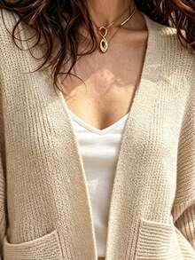 SHEIN Women's Solid Color Long Sleeve Loose Open Front Knit Cardigan - Apricot - View 5