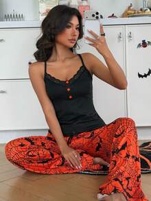 ZzzCrew Set Camisole dan Celana Panjang Slim Fit Motif Kelelawar & Laba-laba Halloween untuk Wanita - Hitam - View 3