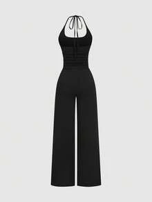 Sweetra Women's Solid Color Pleated Design Wide Leg Halter Neck Jumpsuit - Black - View 2