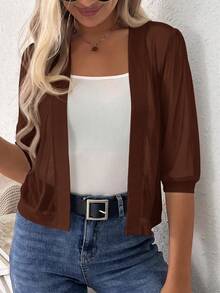 Easowa Solid Open Front Jacket In Fall/Winter,Casual - Coffee Brown - View 5