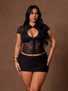Rustia Plus Size Women's Cutout Sexy Front Button Lace Top - Black - View 6