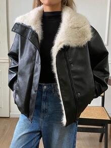 DAZY Women's PU Leather Long Sleeve Zipper Front Casual Winter Leather Jacket - Black - View 5