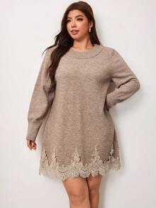 Enliva Plus Size Women's Contrast Lace Hem Round Neck Long Sleeve Knit Dress Winter - Apricot - View 3