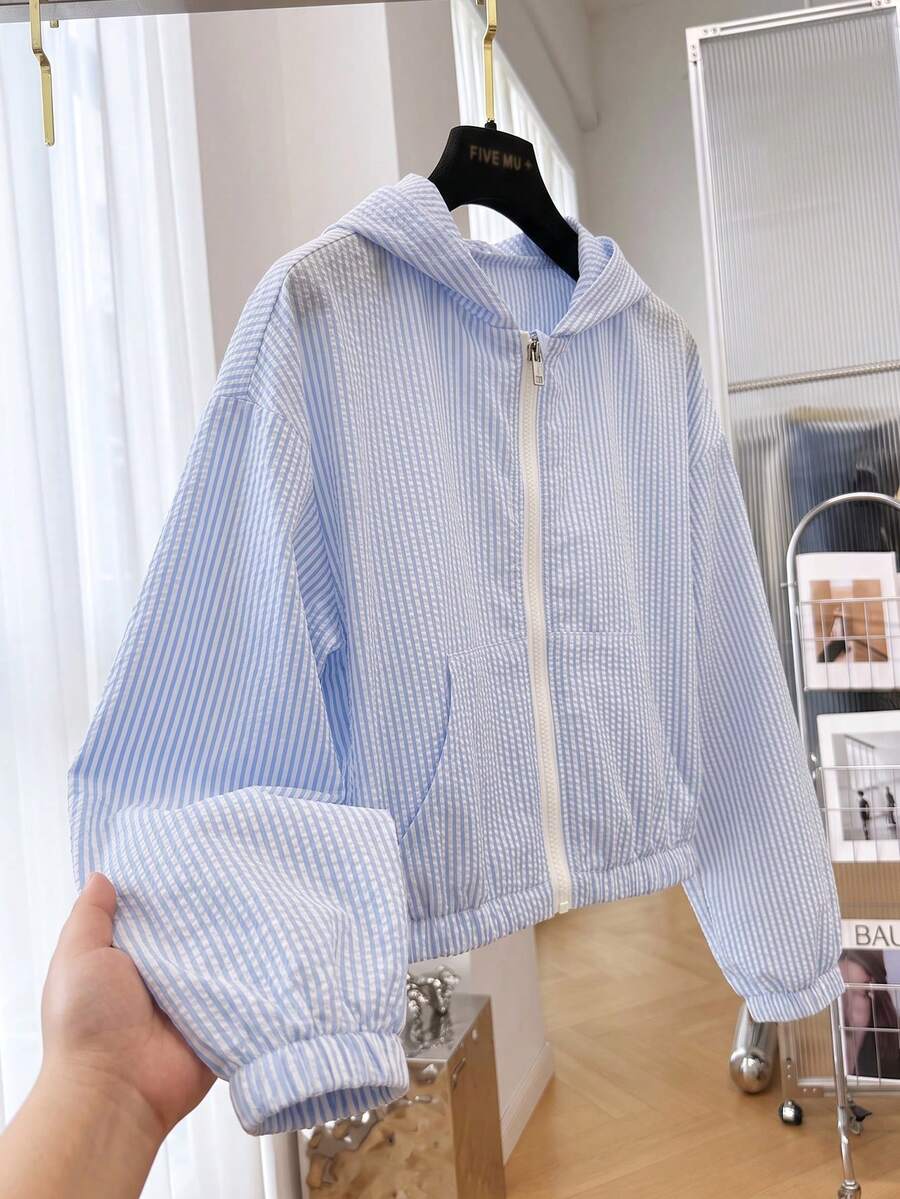 SHEIN 青少年女孩春/秋休閒淺藍色連帽外套校園風 - 彩色 - 查看 1