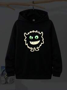 SHEIN 青少年男孩休閒極簡卡通圖案落肩衛衣，冬季圖案返校款 - 黑色 - 查看 1