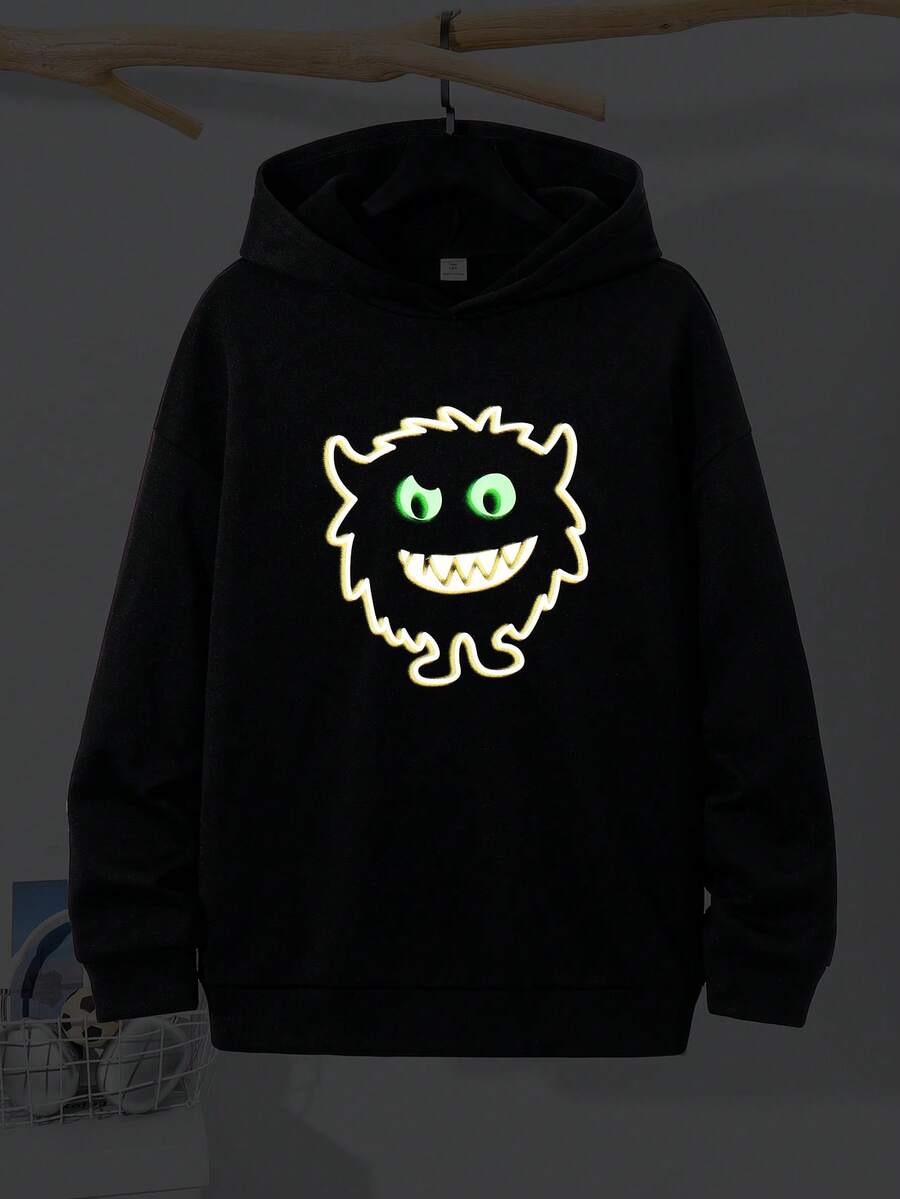 SHEIN 青少年男孩休閒極簡卡通圖案落肩衛衣,冬季圖案返校款 - 黑色 - 查看 1