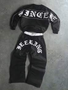 PAVTROS Men's Letter Embossed Long Sleeve Sweatshirt And Sweatpants Casual Set - Black - View 3