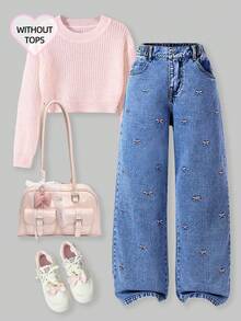 Girls' Bow Embroidery Straight Leg Jeans Back-To-School Prom Blue Summer Cute - Blue - View 1