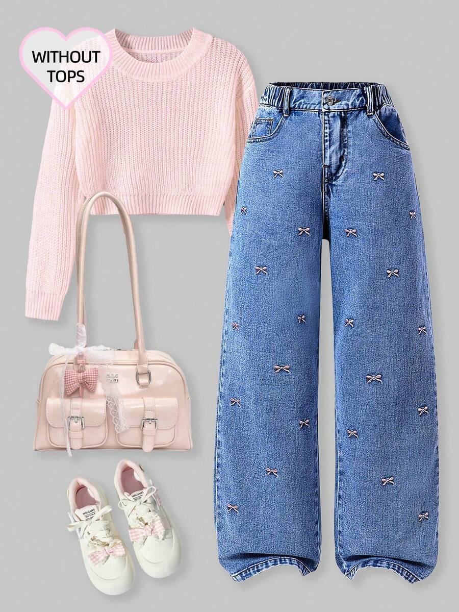 Girls' Bow Embroidery Straight Leg Jeans Back-To-School Prom Blue Summer Cute - Blue - View 1