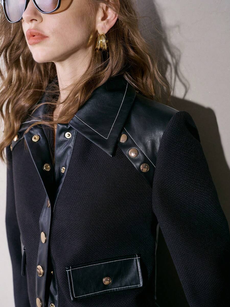 MOTF PREMIUM WOMEN'S AUTUMN/WINTER SHIRT COLLAR LEATHER & WOOL BLEND PATCHWORK METAL BUTTON DECOR LONG SLEEVE CROPPED JACKET - Black - View 1