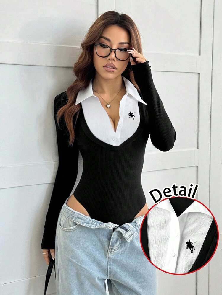 SHEIN EZwear Casual Minimalist Horse Logo Print 2 In 1 Shirt Collar Bodysuit For Women Graphic Back-To-School Everyday Graduation Black And White Autumn - Multicolor - View 1
