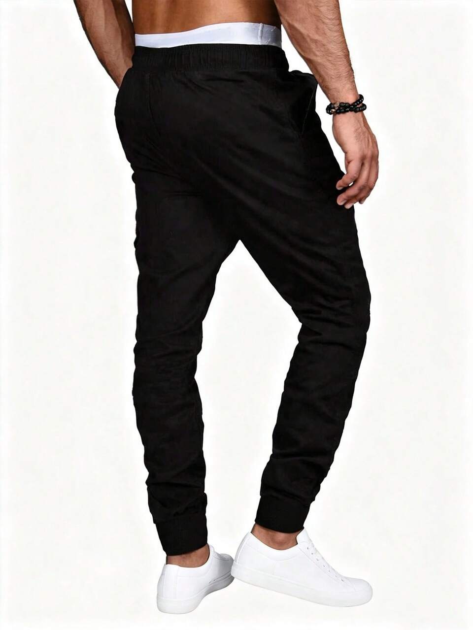 Men Zip Detail Slant Pocket Drawstring Waist Pants, Plain Long Slacks Black Pants, For Husband, Boyfriend Gifts, Fall