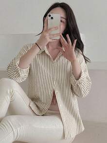 DAZY 女款條紋休閒百搭日常穿著襯衫 - 杏色 - 查看 5