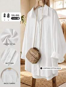 SHEIN CURVE+ Kemeja Wanita Ukuran Plus, Tanpa Punggung, Kasual, Longgar, Lengan Panjang, Musim Gugur - Putih - View 1