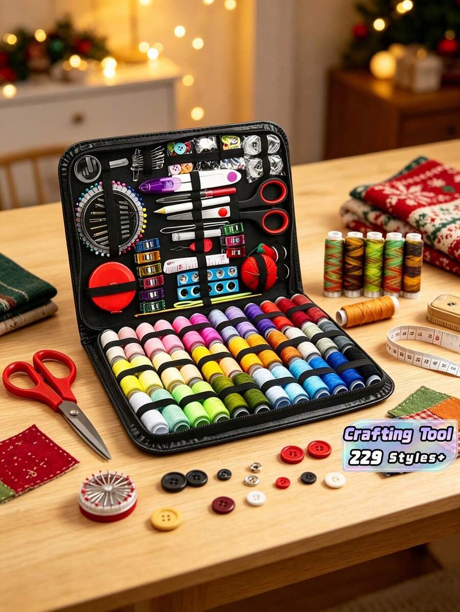 229 Piece Sewing Kit Embroidery Tools Needlework Set Threads Needles Household Supplies For Cross Stitch Crafting Repair Mending Gift For Beginner Hobbyist Crafter Holiday Birthday Party Home Office Travel Emergency Kit Portable Organizer Storage Box - multicolor - View 1