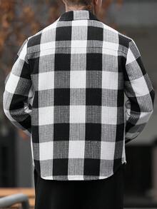 Manfinity CasualCool 男士黑色復古格紋翻領寬鬆休閒夾克襯衫 - 黑色 - 查看 2