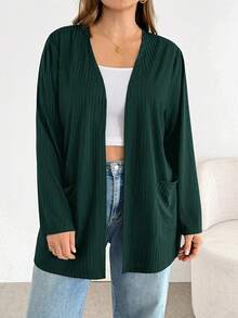 SHEIN Essnce Chaqueta casual versátil de unicolor talla grande - Verde Oscuro - Ver 4