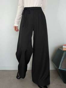 FRIFUL Women's Early Autumn New Korean Style Waist Tie Bow Straight Leg Long Pants - Black - View 6
