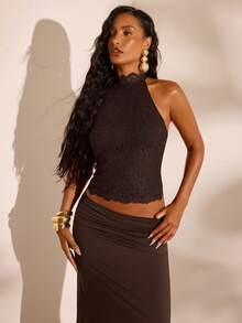 Opulessa Casual Vacation Solid Color Knit Lace Halter Neck Backless Women's Top - Brown - View 8