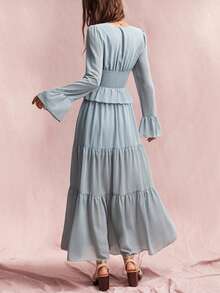 Willow Rêve Women's Dusty Blue V Neck Long Sleeve Maxi Dress Lace Patchwork Ruffle Peplum Tiered Hem Romantic Elegant Autumn Wedding Brunch Tea Party Gown - Green - View 2