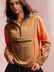 Willow Rêve Jaket Windbreaker Longgar Wanita Motif Garis-Garis Cokelat Oranye, Kerah Tegak Setengah Resleting, Saku Resleting, Manset Elastis, Gaya Kasual Musim Gugur, Jaket Elegan Wanita - Khaki - View 4