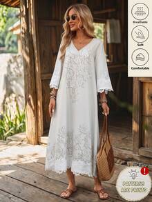 Elouméa Women's Spring/Summer French Casual Solid Color V-Neck Faux Lace Print Patchwork Lace Trim Loose Mid-Sleeve Dress, Suitable For Daily Wear And Home - Apricot - View 1