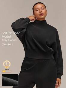 GLOWMODE Plus Size SoftCalm Modal Curved Bubble Hem Oversized Waist Length Pullover Sweatshirt With Ribbed Cuffs & High Neck Daily Casual Wear Fall - Chocolate Brown - View 1