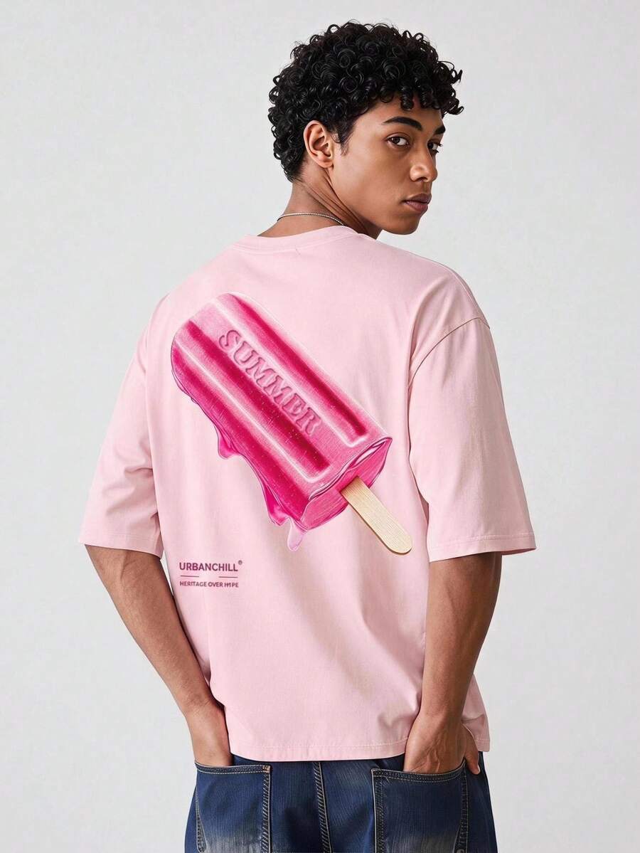NORVETH Herren T-Shirt mit Eis am Stiel Muster, lässig, vielseitig, für Alltag und Reisen - Pink - Übersicht 1