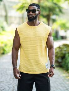 thenoahjr thenoahjr Men's Summer Solid Color Waffle Pattern Round Neck Casual Tank Top - Yellow - View 3