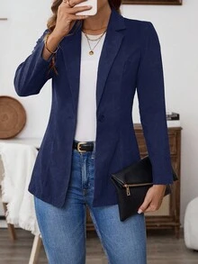 EMERY ROSE Women's Solid Color Lapel NeckLong Sleeve Casual Commuter Blazer - Navy Blue - View 5