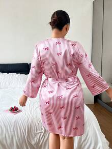 Napfluff CURVE Napfluff CURVE Bowknot Striped Print Faux Silk Minimalist Plus Size Nightgown - Pink - View 2