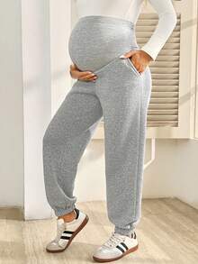 SHEIN Maternity Solid Color Adjustable Waist Casual Versatile Daily Wear Sweatpants - Light Grey - View 6