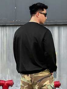 DAZY Spring/Autumn Black Crew Neck Pullover Sweatshirt With Cuffed Hem And Cuffs, Contrast Drawstring Detail For Men - Black - View 2