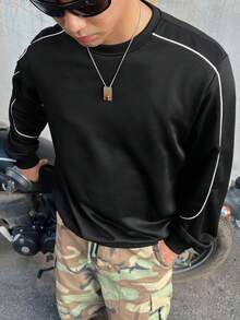 DAZY Spring/Autumn Black Crew Neck Pullover Sweatshirt With Cuffed Hem And Cuffs, Contrast Drawstring Detail For Men - Black - View 5