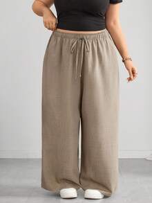 SHEIN CURVE+ 秋季休閒寬鬆長褲，音樂節、返校季，綁帶腰部，2026冬季 22W - 杏色 - 查看 4