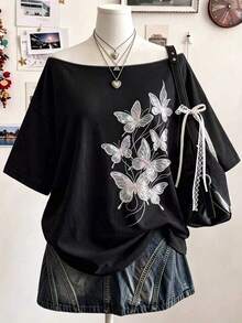 Lalippa 大尺碼女款蝴蝶印花露肩寬鬆休閒T恤 - 彩色 - 查看 1