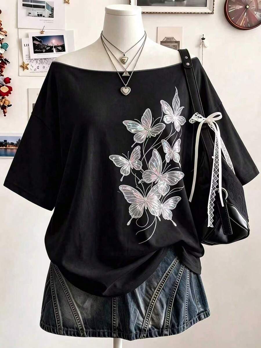 Lalippa 大尺碼女款蝴蝶印花露肩寬鬆休閒T恤 - 彩色 - 查看 1