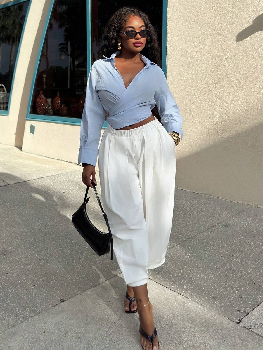 Alexandranx Women's Loose Oblique Collar Tie Front Long Sleeve Casual Summer Blouse - Blue - View 1
