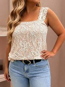 EMERY ROSE Plus Size Women's Spring/Summer Casual Style: Minimalist Versatile Vacation Style Lace Print Knit Tank Top, Elastic Fabric, Wavy Lace Trim, Suitable For Spring/Summer Wear - Multicolor - View 3